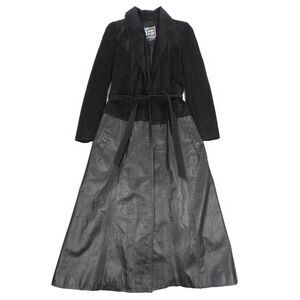 VINTAGE Genuine Leather Suede Belted Trench Coat Duster Jacket Black French Girl